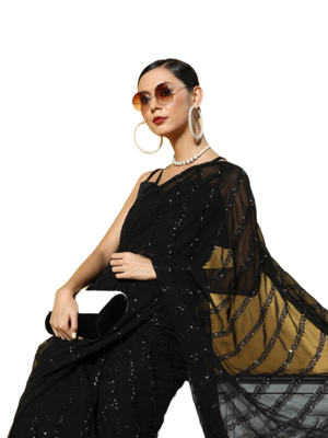 Black embroidered georgette saree with blouse 2