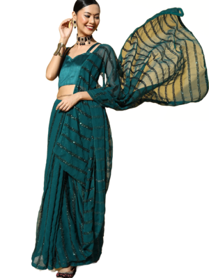 Blue embroidered georgette saree with blouse 1