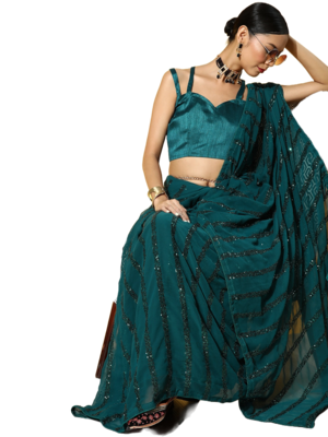 Blue embroidered georgette saree with blouse 2