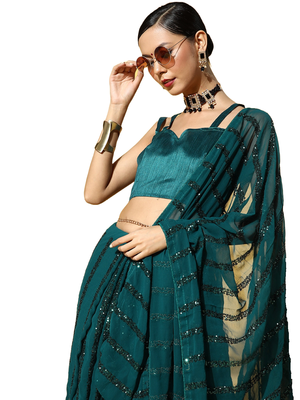 Blue embroidered georgette saree with blouse 3