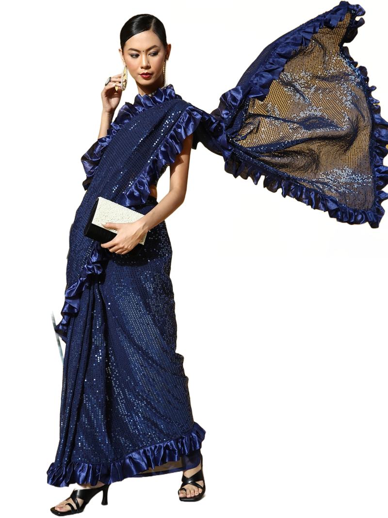 Blue embroidered georgette saree with blouse