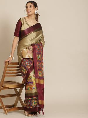 Beige embroidered cotton silk saree with blouse 1