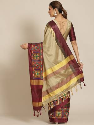 Beige embroidered cotton silk saree with blouse 2