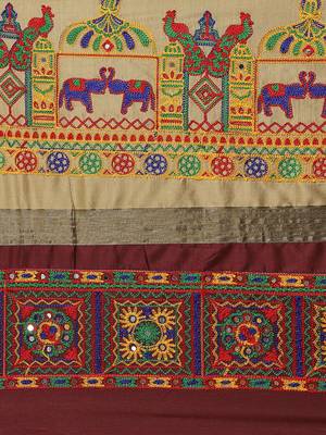 Beige embroidered cotton silk saree with blouse 3
