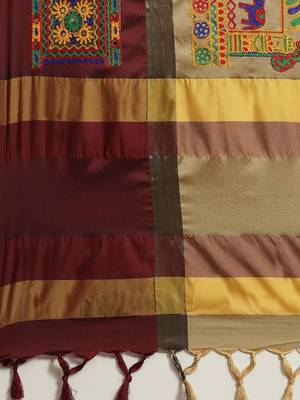 Beige embroidered cotton silk saree with blouse 4