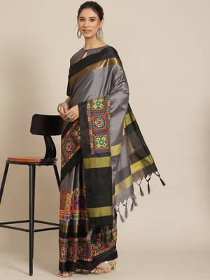 Grey embroidered cotton silk saree with blouse 1