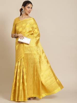 Yellow woven banarasi cotton saree with blouse 1