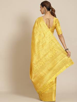Yellow woven banarasi cotton saree with blouse 2