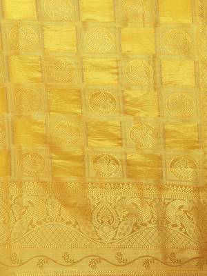 Yellow woven banarasi cotton saree with blouse 3
