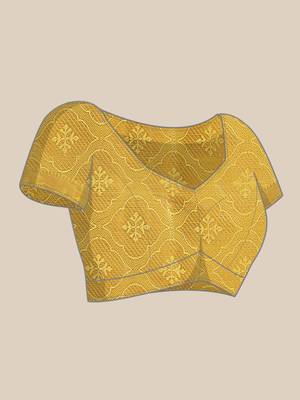 Yellow woven banarasi cotton saree with blouse 4