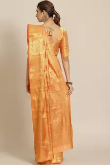 Orange Banarasi Cotton Zari Woven Ready to Ship Saree