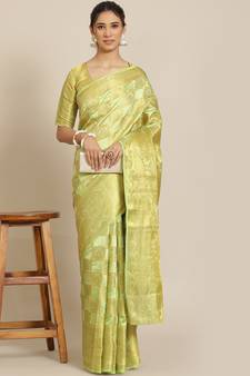 Light green woven banarasi cotton saree with blouse