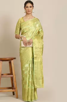 Light green woven banarasi cotton saree with blouse