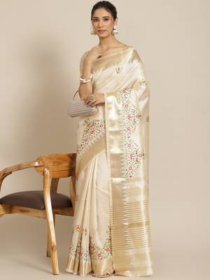 Cream embroidered silk blend saree with blouse 1