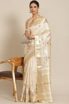 Cream embroidered silk blend saree with blouse