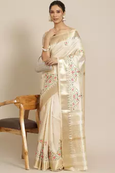 Cream embroidered silk blend saree with blouse