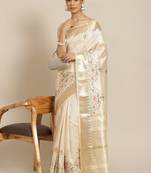 Cream embroidered silk blend saree with blouse