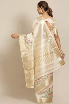 Cream embroidered silk blend saree with blouse