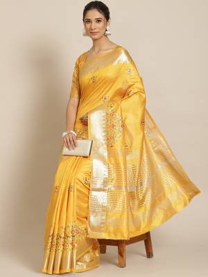 Yellow embroidered silk blend saree with blouse 1