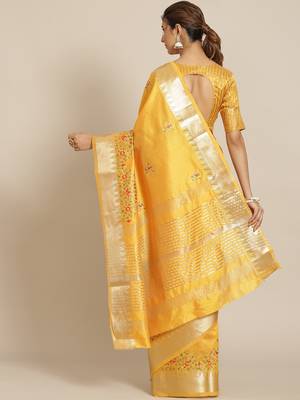 Yellow embroidered silk blend saree with blouse 2