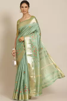 Green Embroidered Silk Blend Saree With Blouse