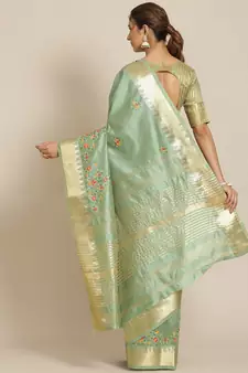 Green Embroidered Silk Blend Saree With Blouse