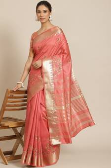 Pink embroidered silk blend saree with blouse