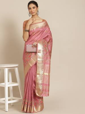 Pink embroidered silk blend saree with blouse 1