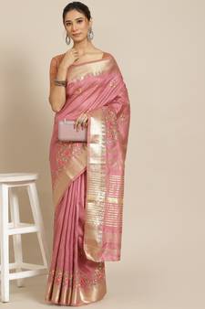 Pink embroidered silk blend saree with blouse