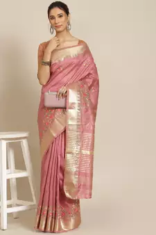 Pink embroidered silk blend saree with blouse