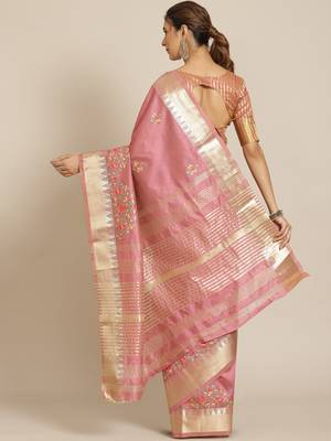 Pink embroidered silk blend saree with blouse 2