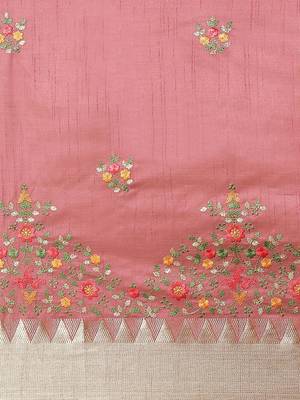 Pink embroidered silk blend saree with blouse 3