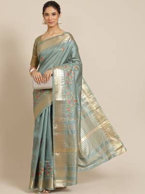 Sky blue embroidered silk blend saree with blouse 1