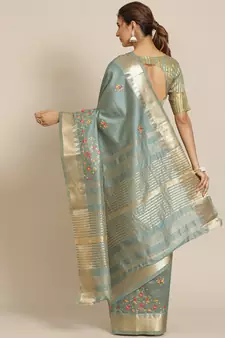 Sky blue embroidered silk blend saree with blouse