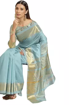 Sky blue printed silk blend saree with blouse