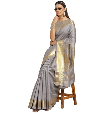 Grey printed silk blend saree with blouse 1