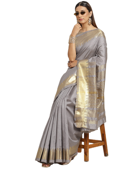 Grey printed silk blend saree with blouse
