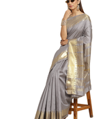 Grey printed silk blend saree with blouse