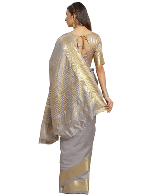 Grey printed silk blend saree with blouse 2