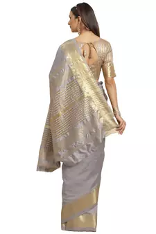 Grey printed silk blend saree with blouse