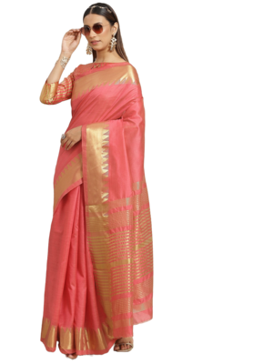 Pink printed silk blend saree with blouse 1