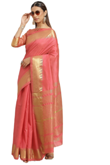 Pink printed silk blend saree with blouse