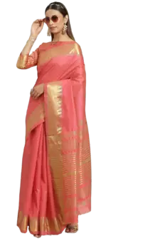 Pink printed silk blend saree with blouse