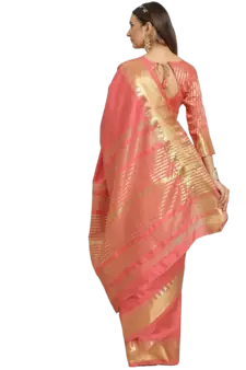 Pink printed silk blend saree with blouse