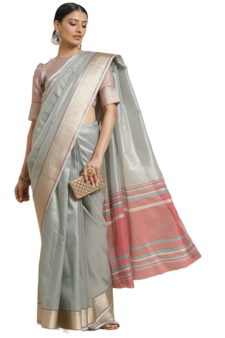 Sky blue plain cotton silk saree with blouse