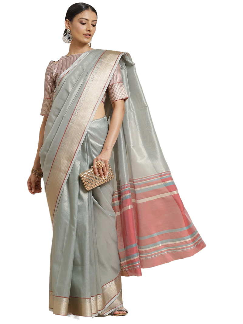 Sky blue plain cotton silk saree with blouse