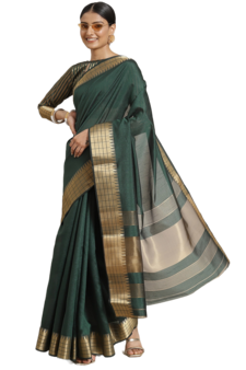 Green plain silk blend saree with blouse