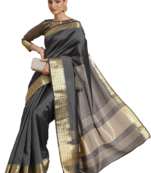 Black plain silk blend saree with blouse