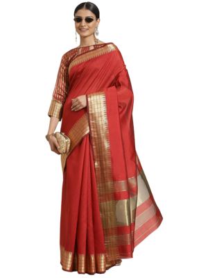 Red plain silk blend saree with blouse 2