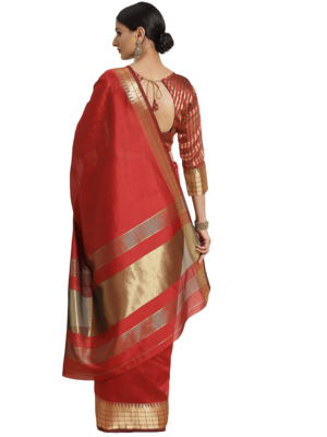 Red plain silk blend saree with blouse 7